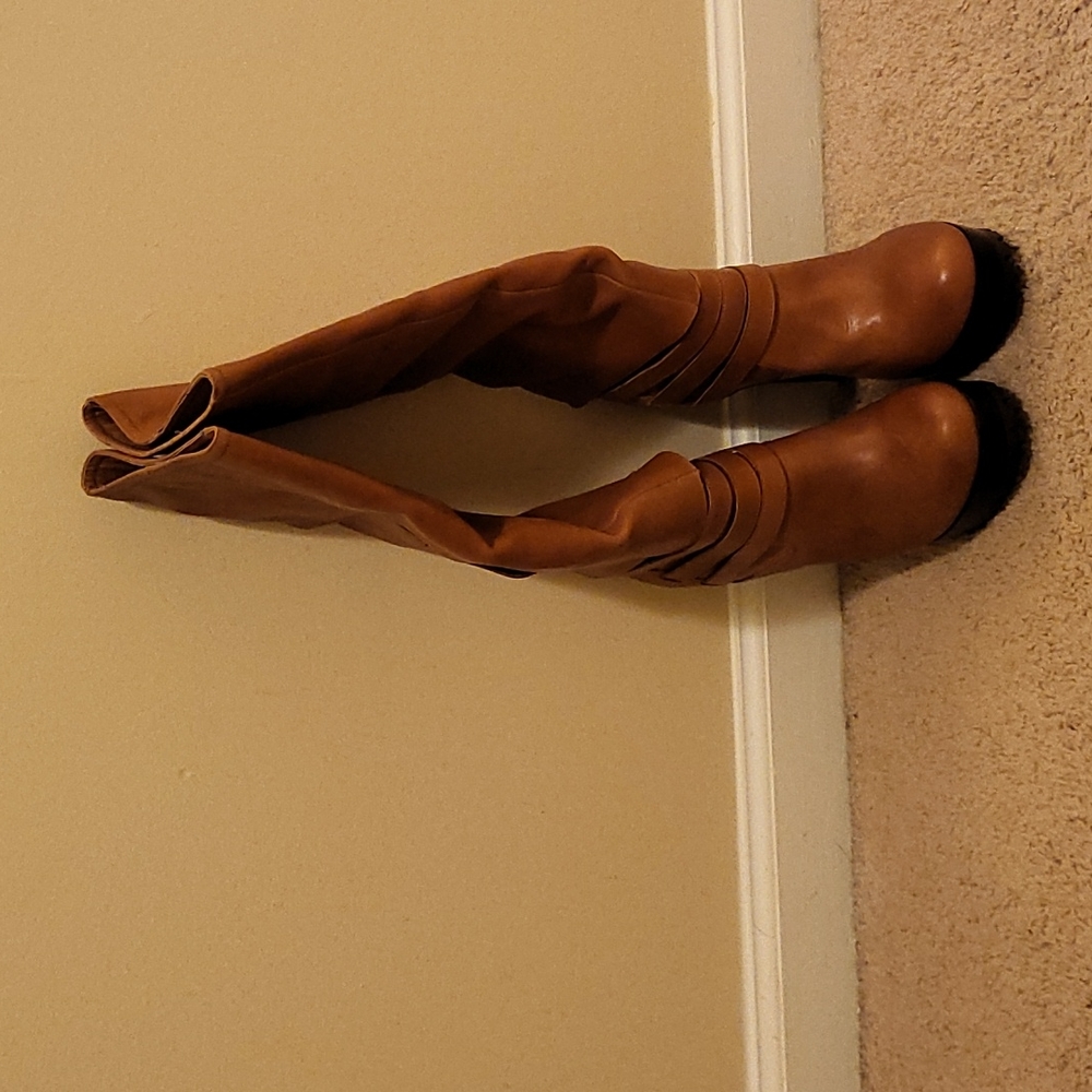 High heeled platform light brown leather boots